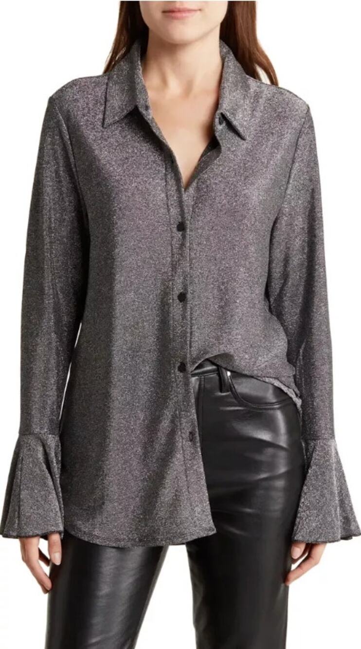 WAYF Metallic Button Up Shirt Long Flare Sleeves Silver Grey Retro Shimmery Sz M